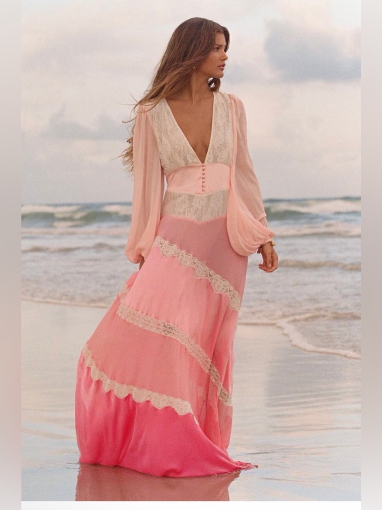 Loveshackfancy Kinsler Colorblock Satin Lace Long Sleeve Pink Dress Size 0 Nwt